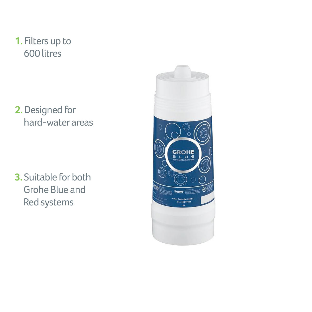 GROHE Blue Filter Cartridge - Replacement Filter for GROHE Blue and GROHE  Red Water Systems for Fresh Filtered Water, Reduces Limescale and Heavy  Metals, Capacity 1500 Litre, 40430001 : : DIY & Tools