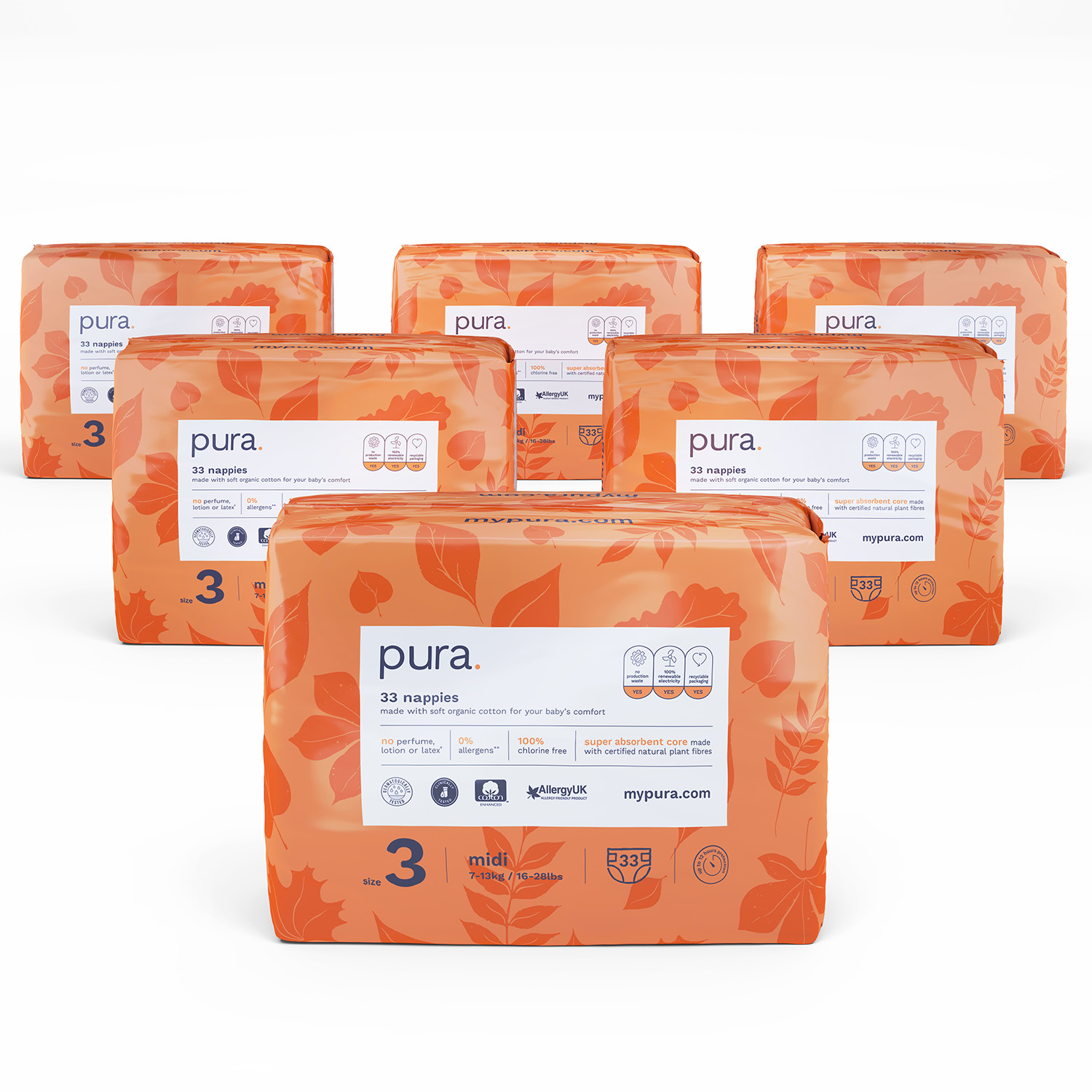 Pura Eco Nappies Size 3 (610kg) 6 x 33 Pack