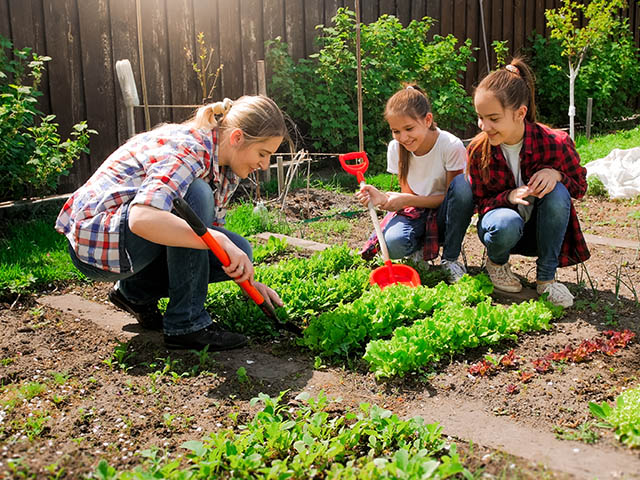 Mother and kids planting vegetables