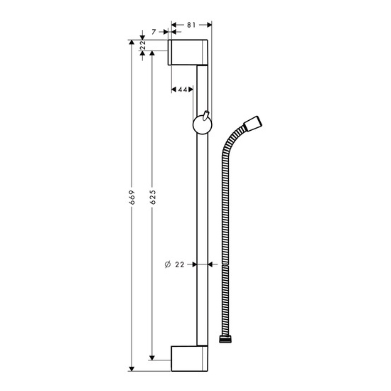 hansgrohe Unica 'Crometta Shower Bar 0.65m with 1.6m Metaflex Shower Hose Scale Diagram