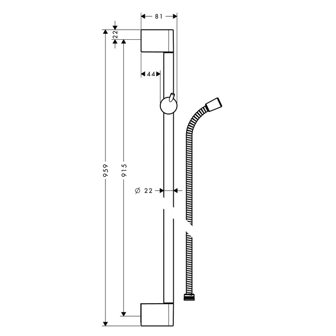 hansgrohe Unica 'Crometta Shower Bar 0.9m with 1.6m Metaflex Shower Hose Scale Diagram