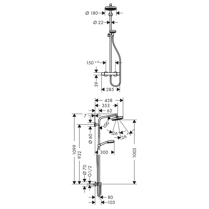 hansgrohe Crometta 1Jet EcoSmart Showerpipe Scale Diagram