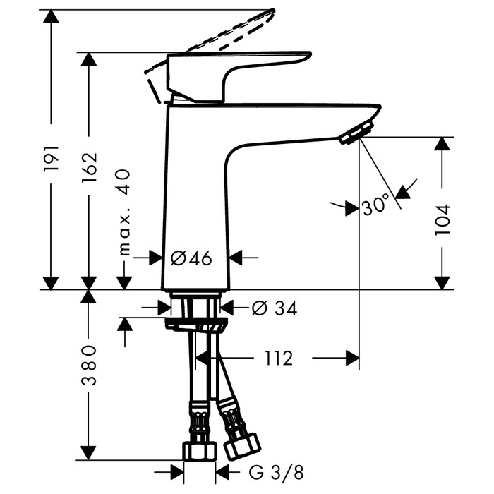 hansgrohe Talis E 110 CoolStart Single Lever Basin Mixer without Waste Set Scale Diagram