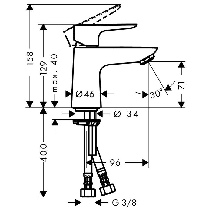 hansgrohe Talis E 80 Single Lever Basin Mixer with Push-Open Waste Set Scale Diagram