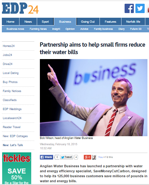 Eastern Daily Press story on Anglian Water Business partnership with SaveMoneyCutCarbon