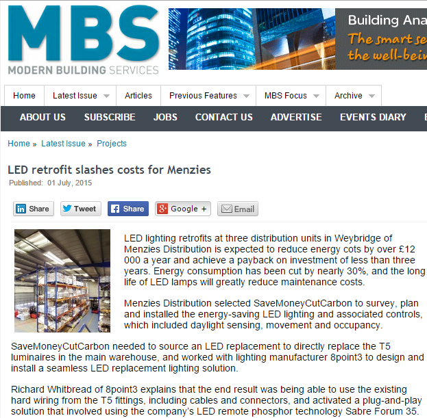 Website image of Modern Building Services article on LED lighting retrofit for Menzies Distribution by SaveMoneyCutCarbon