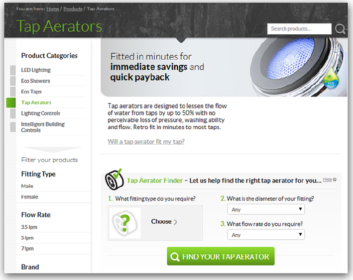 Screenshot of tap aerator product finder - SaveMoneyCutCarbon